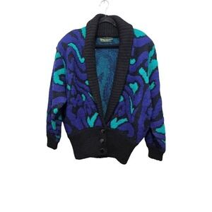VTG Vera Pelle 80% Wool Padded Shoulder Mohair Knit Cardigan Abstract Blue & Gre